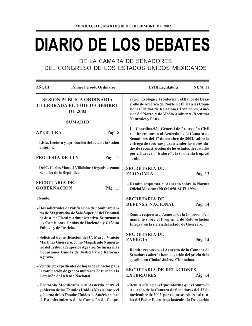 Diario De Los Debates De La Camara De Senadores Del Congreso De Los Estados Unidos Mexicanos