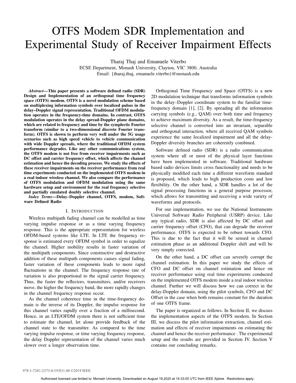 OTFS Modem SDR Implementation and Experimental Study of Receiver Impairment Effects