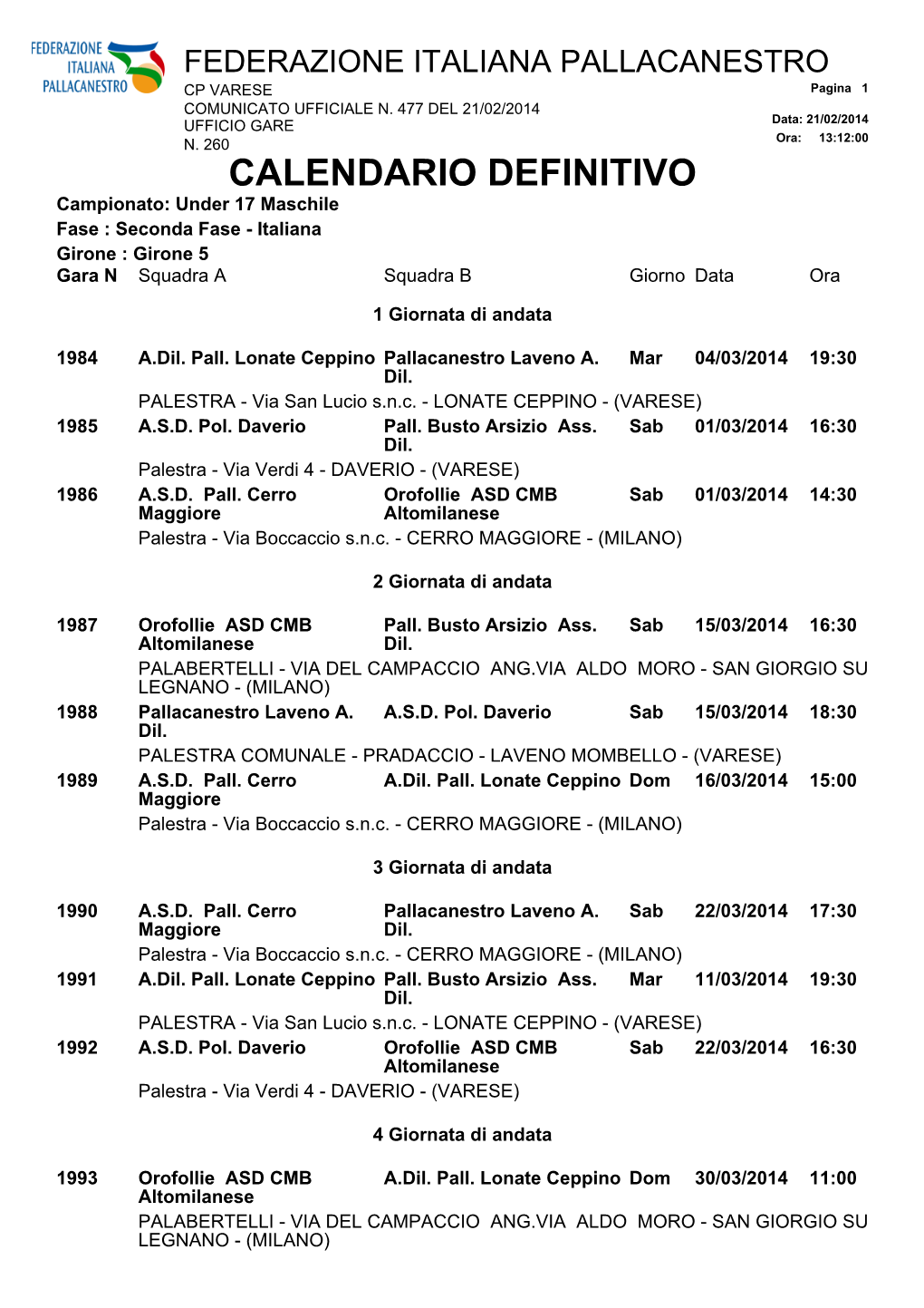 CALENDARIO DEFINITIVO Campionato: Under 17 Maschile Fase : Seconda Fase - Italiana Girone : Girone 5 Gara N Squadra a Squadra B Giorno Data Ora