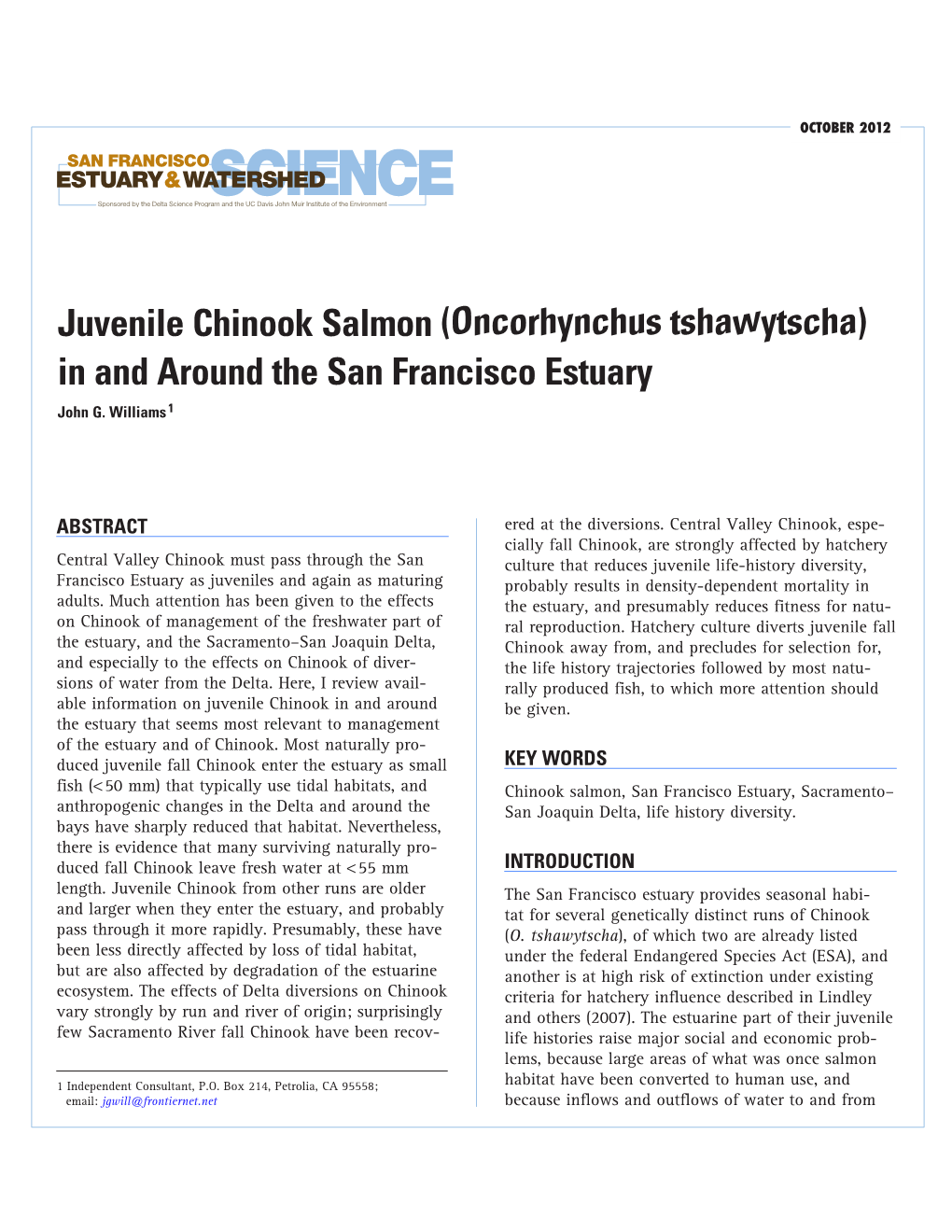 Juvenile Chinook Salmon (Oncorhynchus Tshawytscha) in and Around the San Francisco Estuary John G