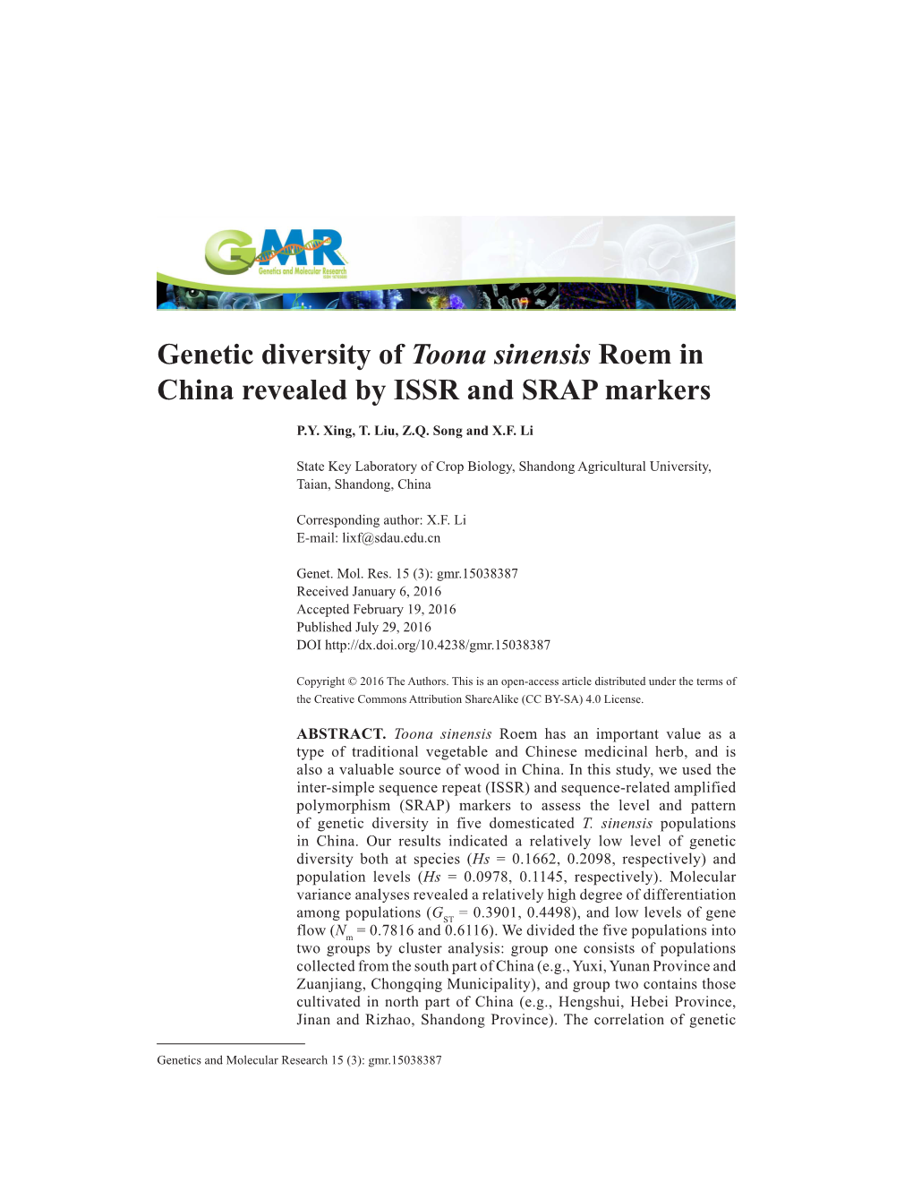 Genetic Diversity of Toona Sinensis Roem in China Revealed by ISSR and SRAP Markers