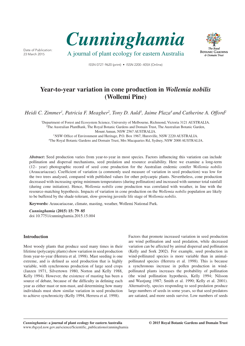 Cunninghamia Date of Publication: 23 March 2015 a Journal of Plant Ecology for Eastern Australia