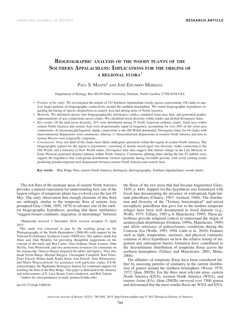 Biogeographic Analysis of the Woody Plants of the Southern Appalachians