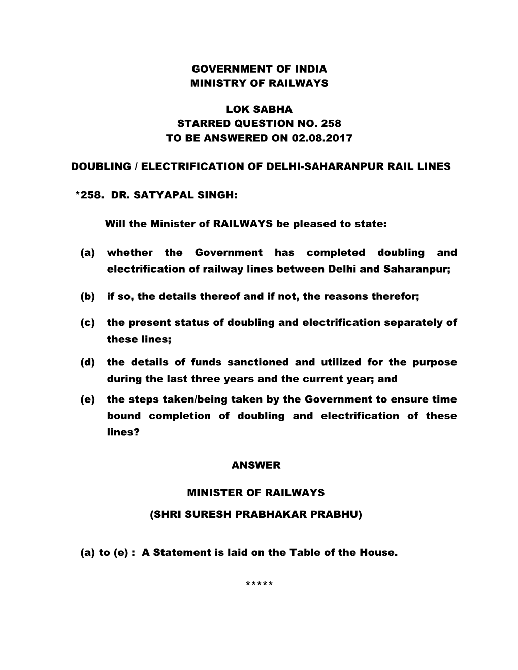 Government of India Ministry of Railways Lok Sabha