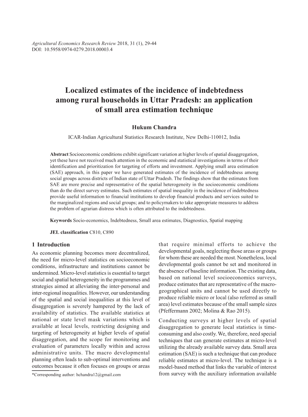 Localized Estimates of the Incidence of Indebtedness Among Rural Households in Uttar Pradesh: an Application of Small Area Estimation Technique