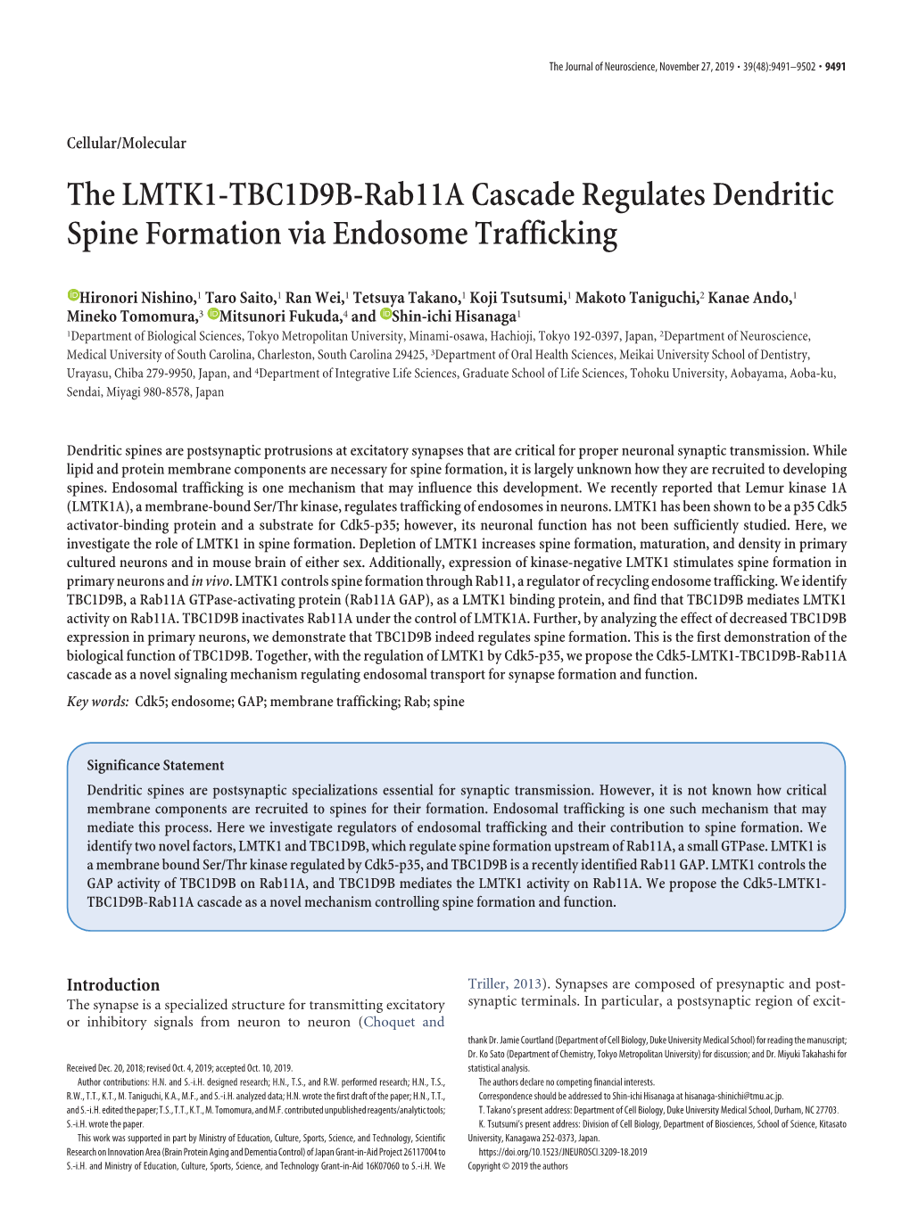 The LMTK1-TBC1D9B-Rab11a Cascade Regulates Dendritic Spine Formation Via Endosome Trafficking