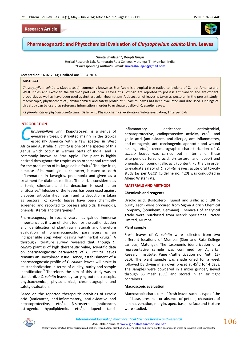 Pharmacognostic and Phytochemical Evaluation of Chrysophyllum Cainito Linn