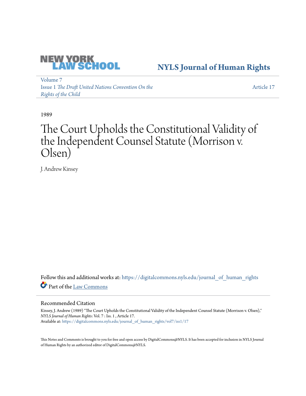 The Court Upholds the Constitutional Validity of the Independent Counsel Statute (Morrison V. Olsen)