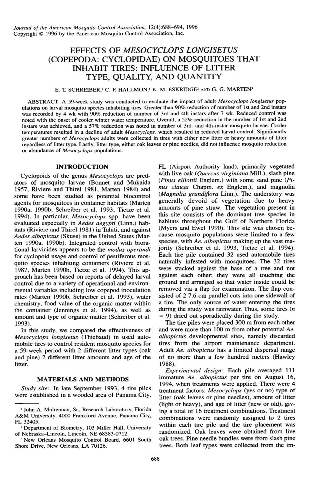 Effects of Mesocyclops Longisetus (Copepoda: Cyclopidae)