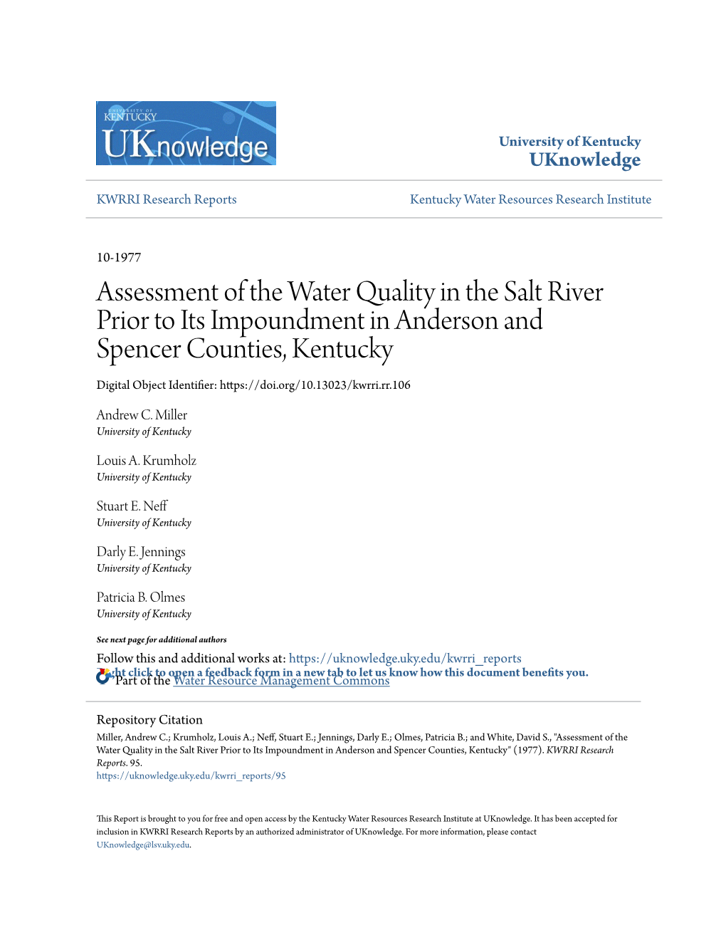 Assessment of the Water Quality In