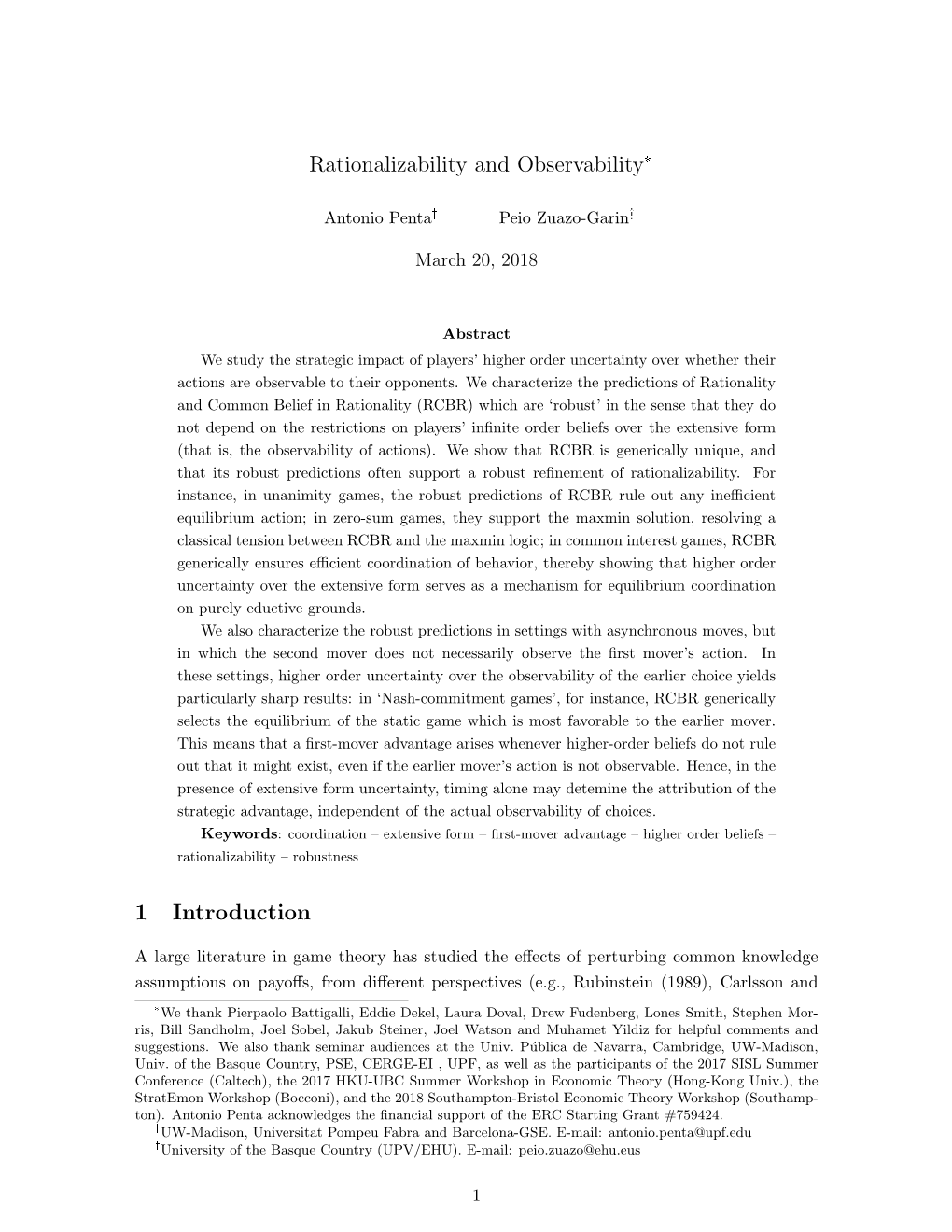 Rationalizability and Observability 1 Introduction