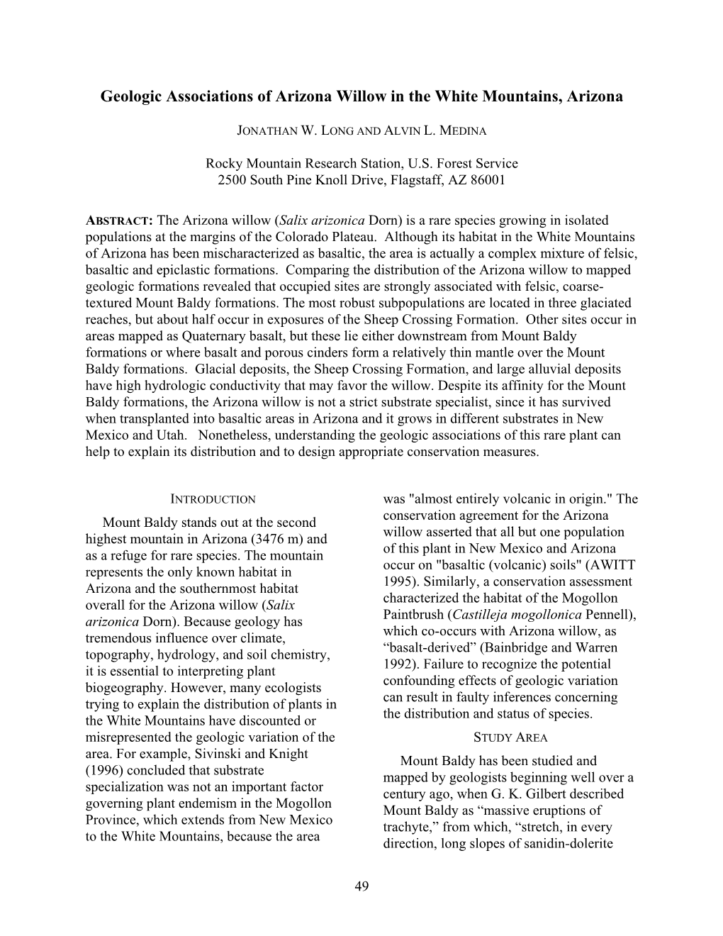 Southwestern Rare and Endangered Plants, Second Mountain Apache Tribe Game and Fish Conference: Proceedings; 9-11-1995; Flagstaff, Department