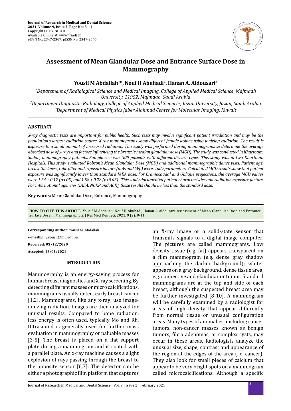 Assessment of Mean Glandular Dose and Entrance Surface Dose in Mammography