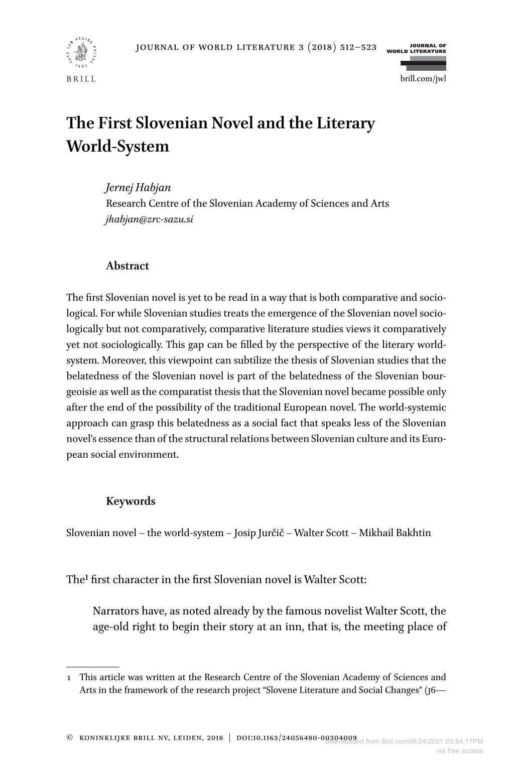 Downloaded from Brill.Com09/24/2021 03:54:17PM Via Free Access the First Slovenian Novel and the Literary World-System 513