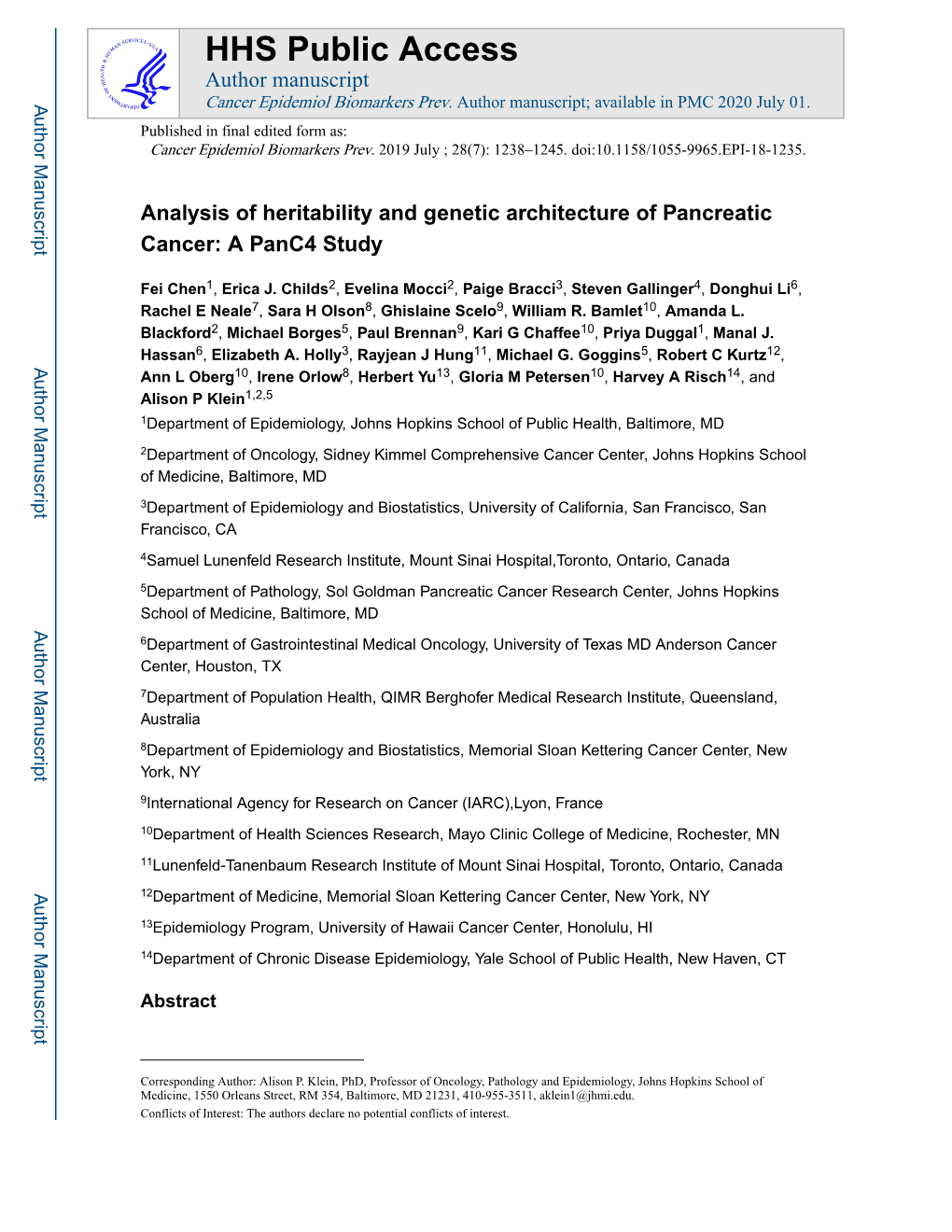 Analysis of Heritability and Genetic Architecture of Pancreatic Cancer: a Panc4 Study