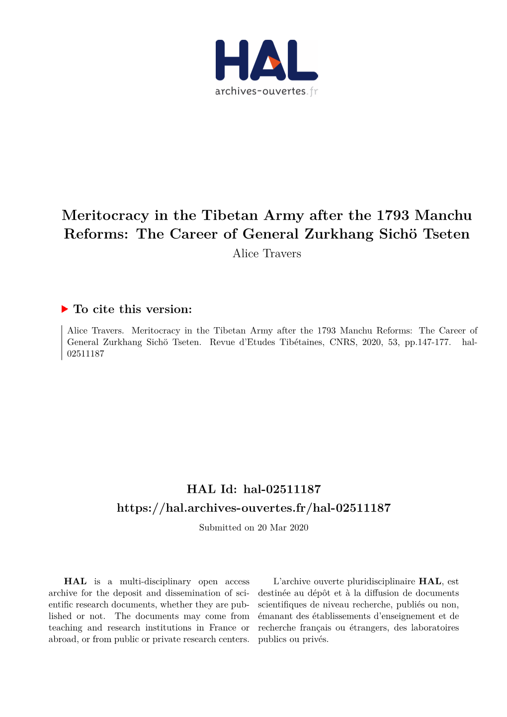 Meritocracy in the Tibetan Army After the 1793 Manchu Reforms: the Career of General Zurkhang Sichö Tseten Alice Travers