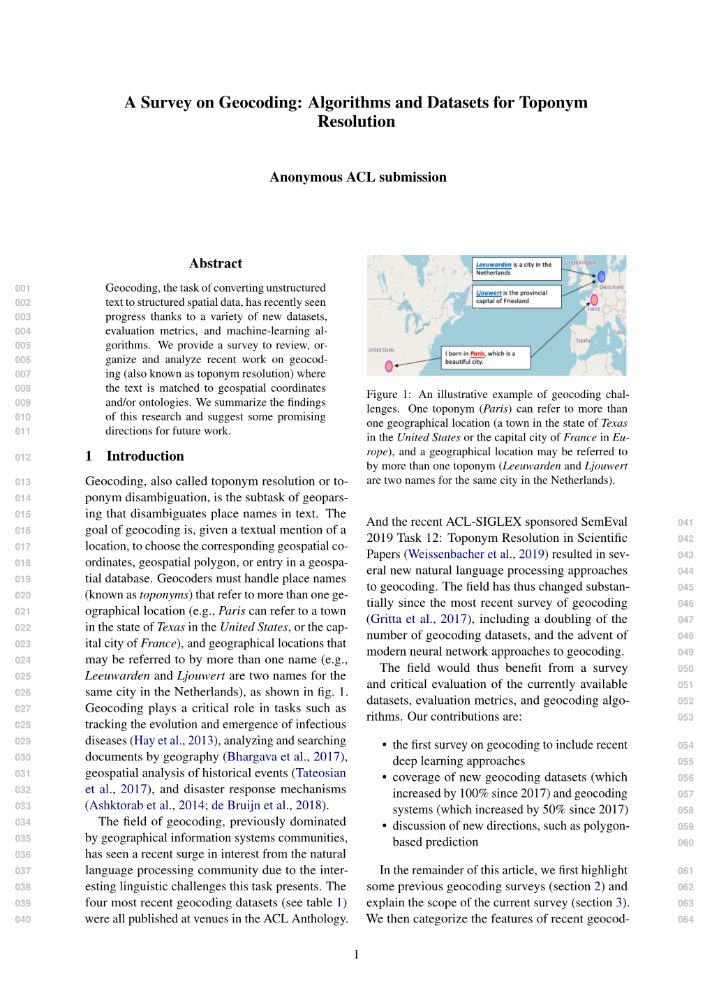 A Survey on Geocoding: Algorithms and Datasets for Toponym Resolution