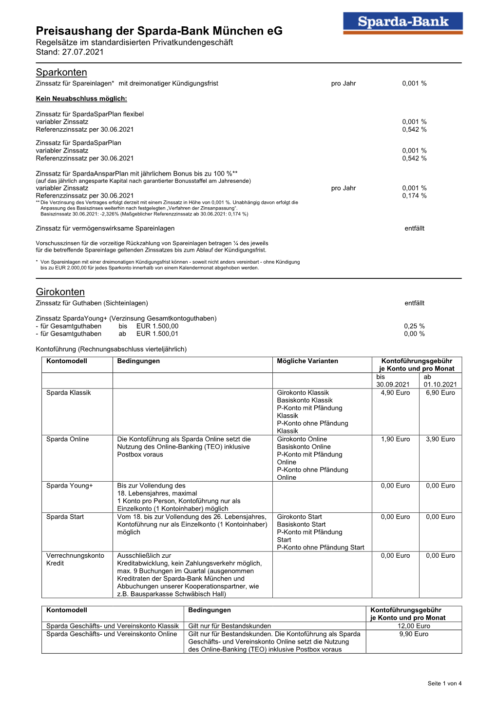 Preisaushang Der Sparda-Bank München Eg Regelsätze Im Standardisierten Privatkundengeschäft Stand: 27.07.2021