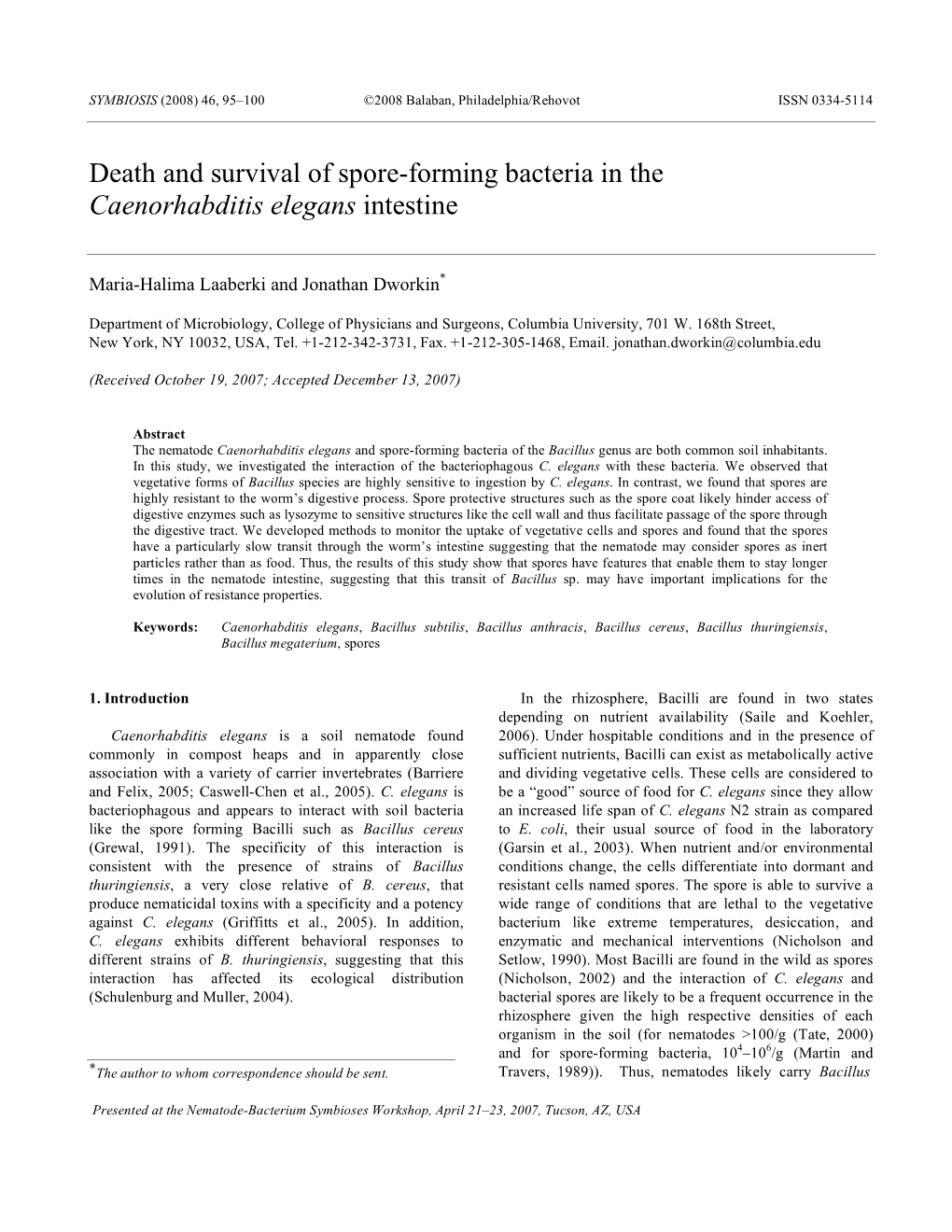 Death and Survival of Spore-Forming Bacteria in the Caenorhabditis Elegans Intestine