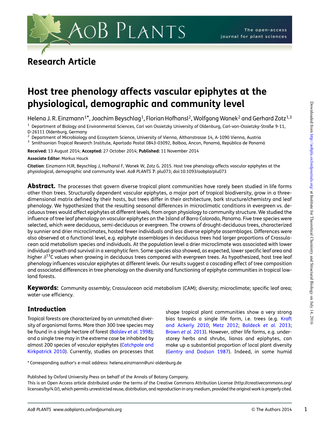 Host Tree Phenology Affects Vascular Epiphytes at the Physiological, Demographic and Community Level Downloaded From