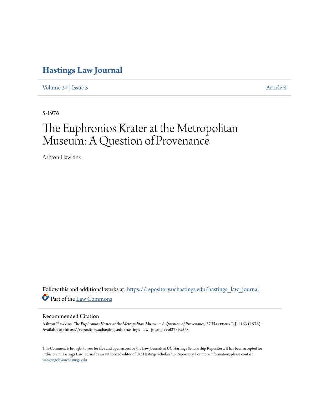 The Euphronios Krater at the Metropolitan Museum: a Question of Provenance, 27 Hastings L.J