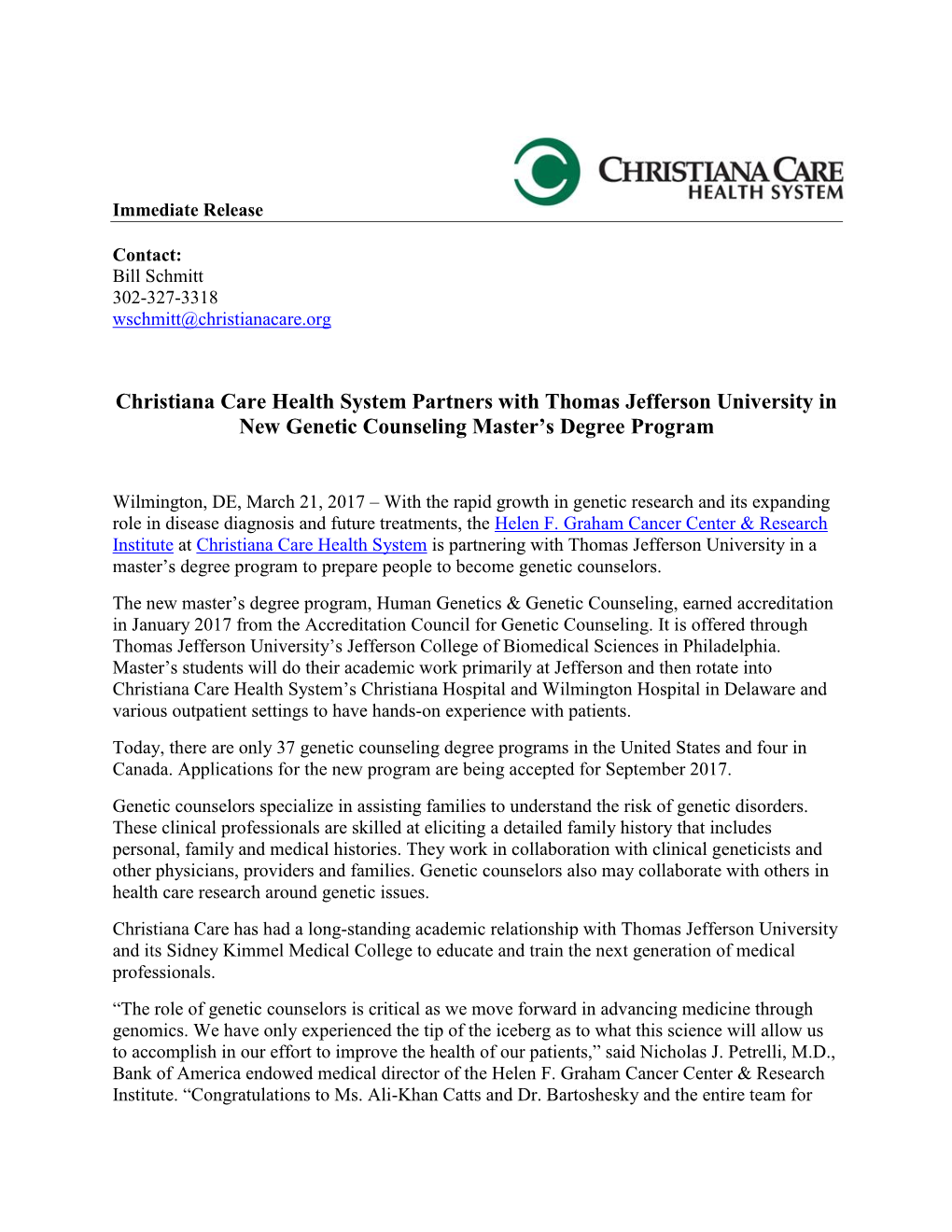 Christiana Care Health System Partners with Thomas Jefferson University in New Genetic Counseling Master’S Degree Program