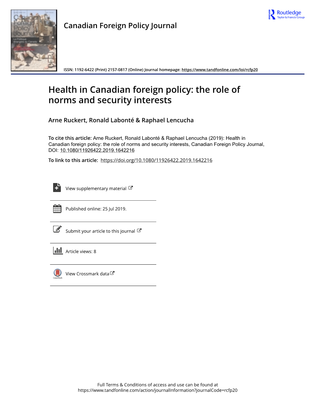 Health in Canadian Foreign Policy: the Role of Norms and Security Interests