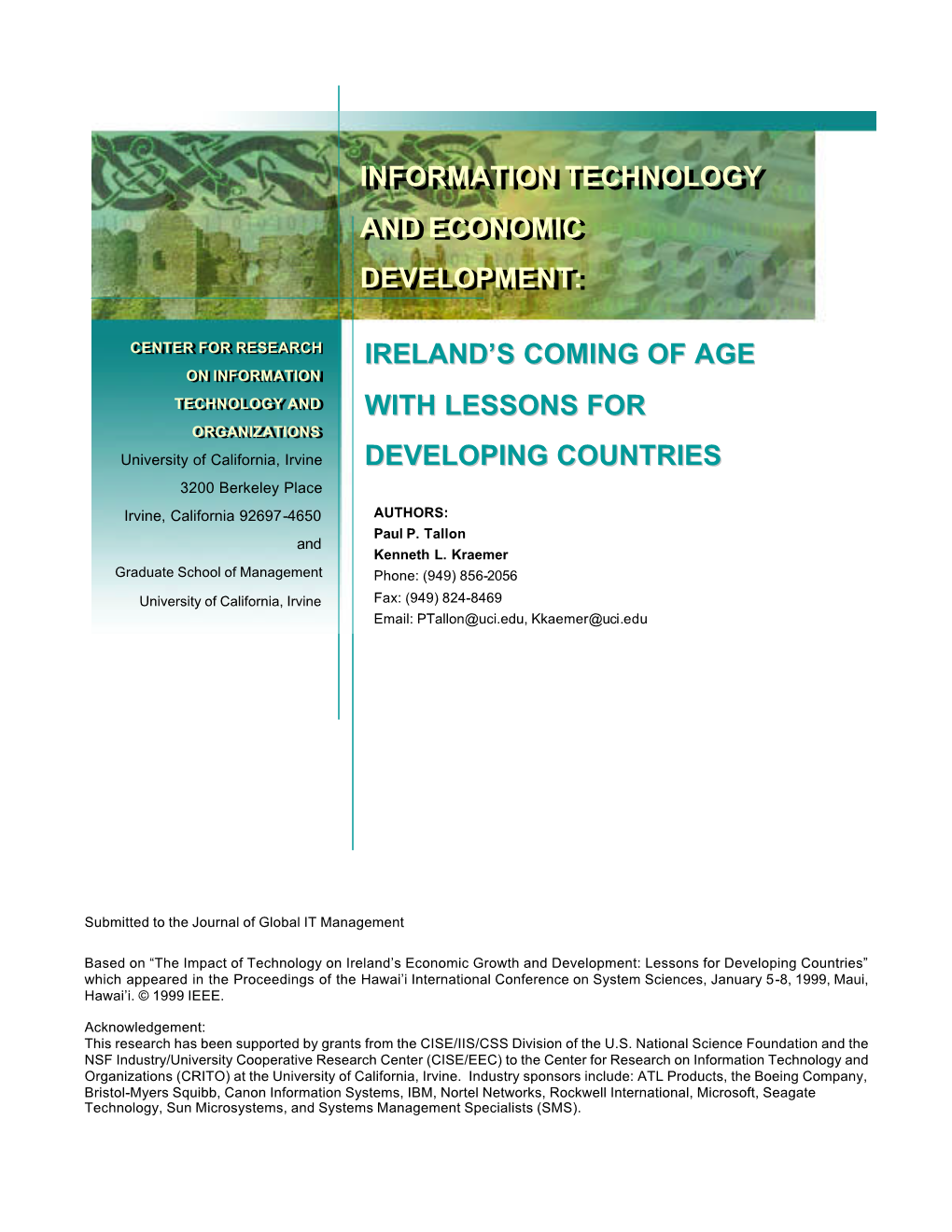 Information Technology and Economic Development: Ireland’S Coming of Age with Lessons for Developing Countries