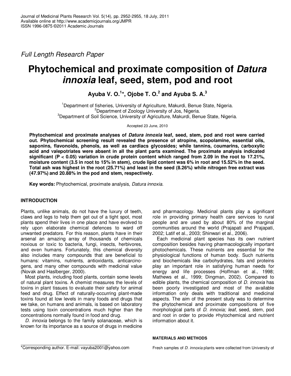 Phytochemical and Proximate Composition of Datura Innoxia Leaf, Seed, Stem, Pod and Root