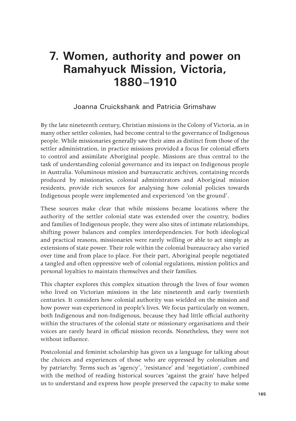 7. Women, Authority and Power on Ramahyuck Mission, Victoria, 1880–1910