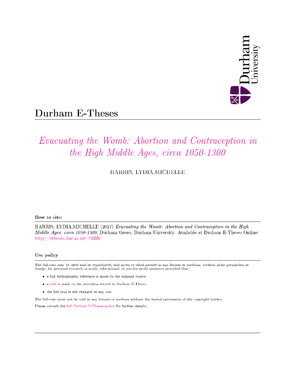 Abortion and Contraception in the High Middle Ages, Circa 1050-1300