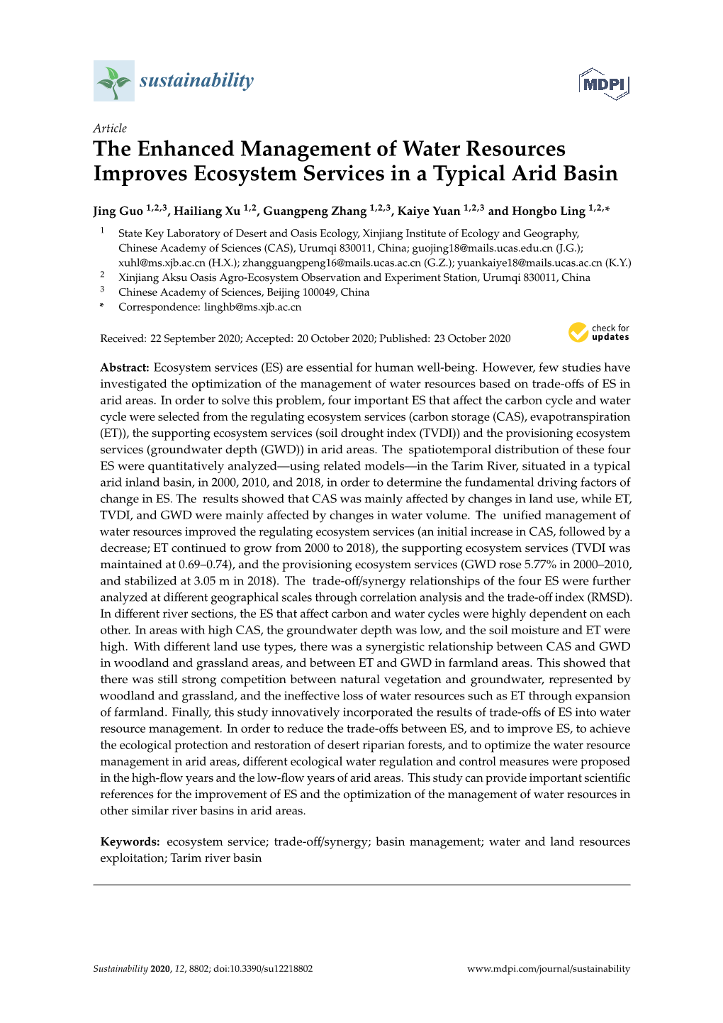 The Enhanced Management of Water Resources Improves Ecosystem Services in a Typical Arid Basin