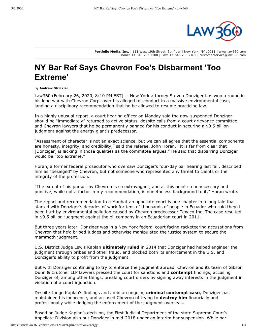 NY Bar Ref Says Chevron Foe's Disbarment 'Too Extreme' - Law360