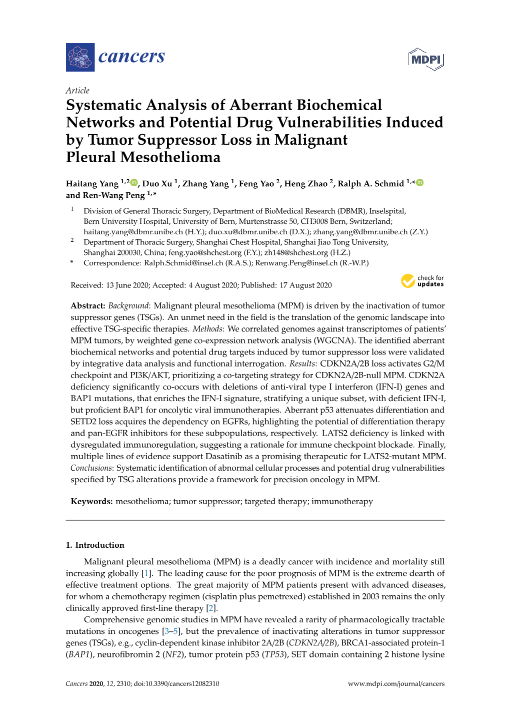 Systematic Analysis of Aberrant Biochemical Networks and Potential Drug Vulnerabilities Induced by Tumor Suppressor Loss in Malignant Pleural Mesothelioma