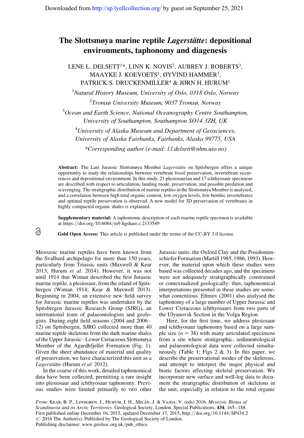 The Slottsmøya Marine Reptile Lagerstätte: Depositional