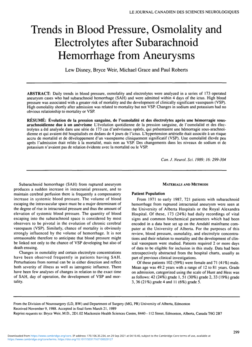 Trends in Blood Pressure, Osmolality and Electrolytes After Subarachnoid Hemorrhage from Aneurysms