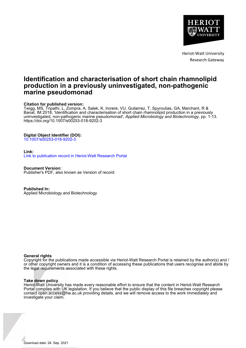 Identification and Characterisation of Short Chain Rhamnolipid Production in a Previously Uninvestigated, Non-Pathogenic Marine Pseudomonad