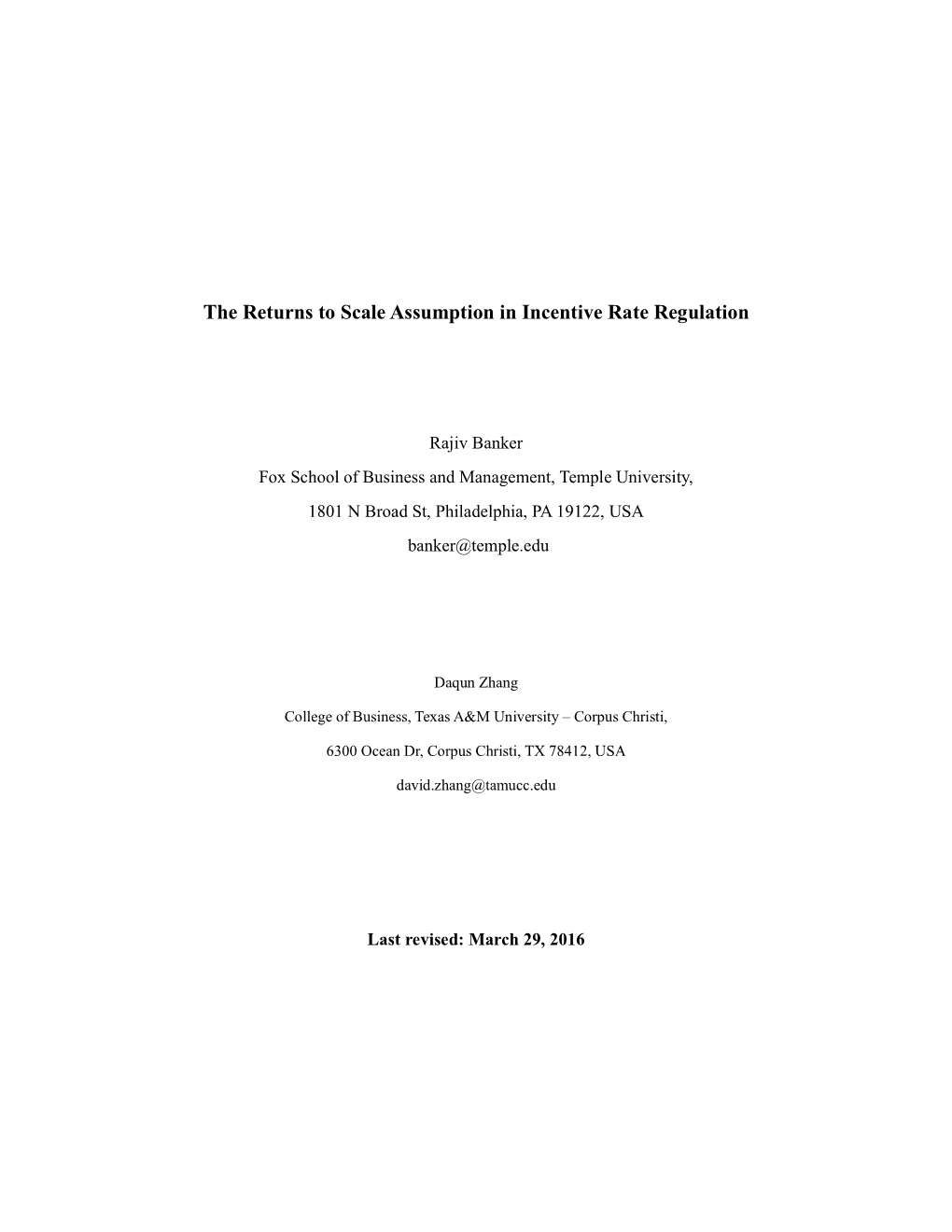 The Returns to Scale Assumption in Incentive Rate Regulation