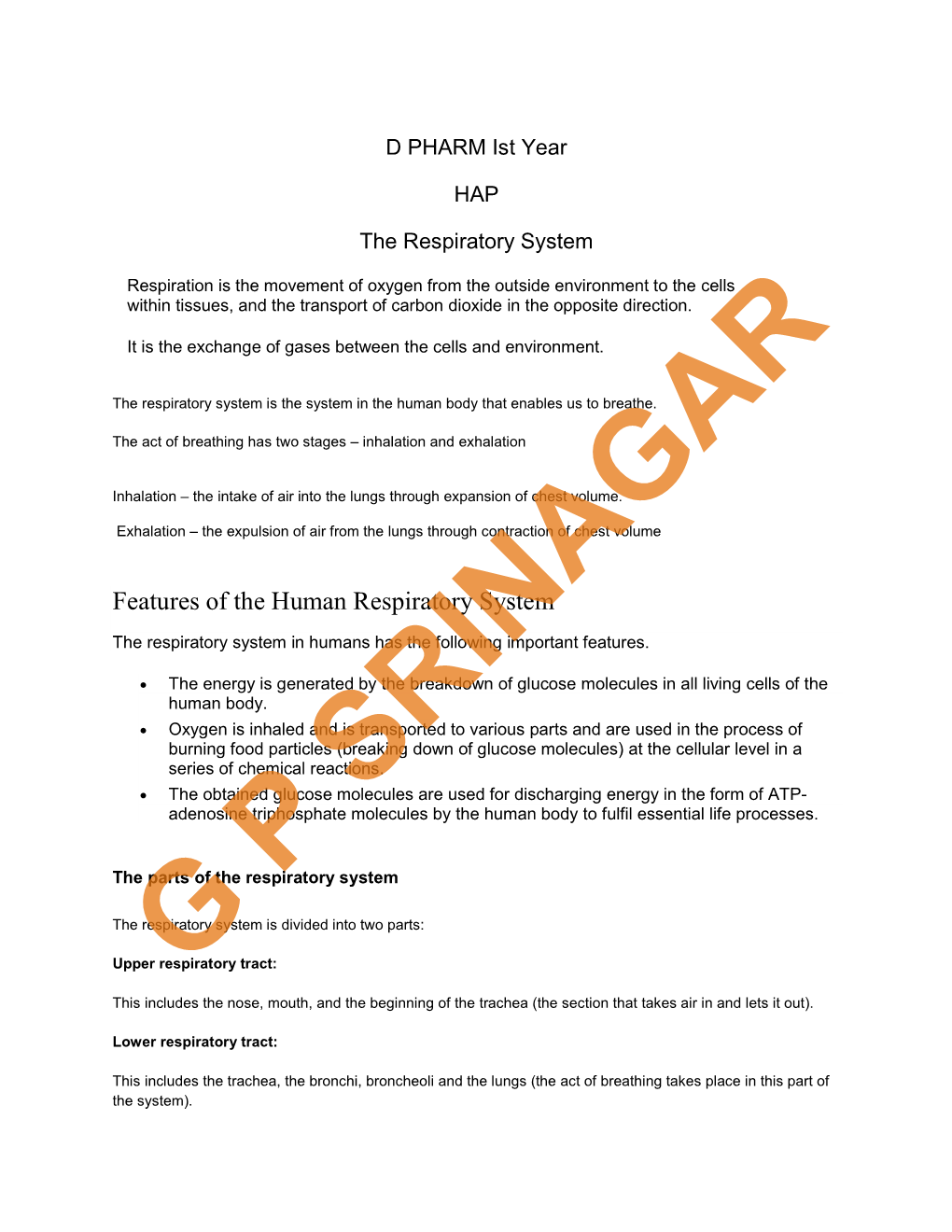 Features of the Human Respiratory System