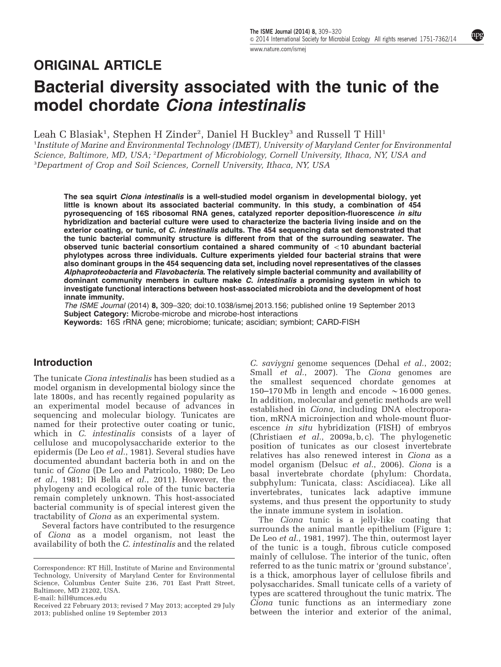 Bacterial Diversity Associated with the Tunic of the Model Chordate Ciona Intestinalis