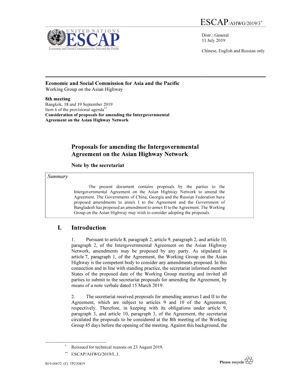 Proposals for Amending the Intergovernmental Agreement on the Asian Highway Network