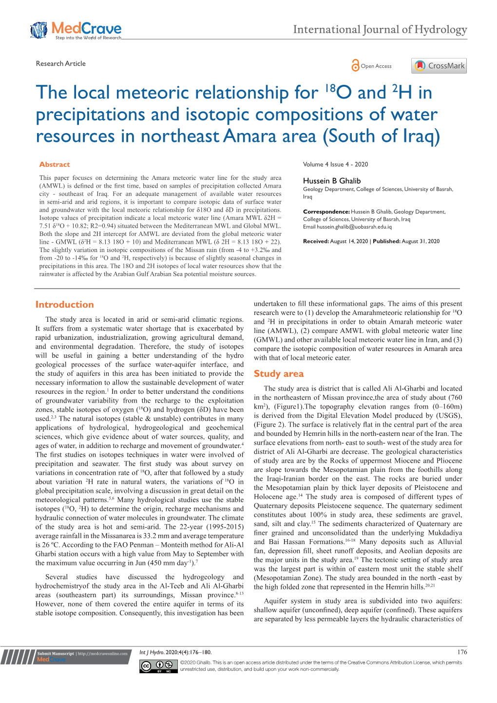The Local Meteoric Relationship for 18O and 2H in Precipitations and Isotopic Compositions of Water Resources in Northeast Amara Area (South of Iraq)