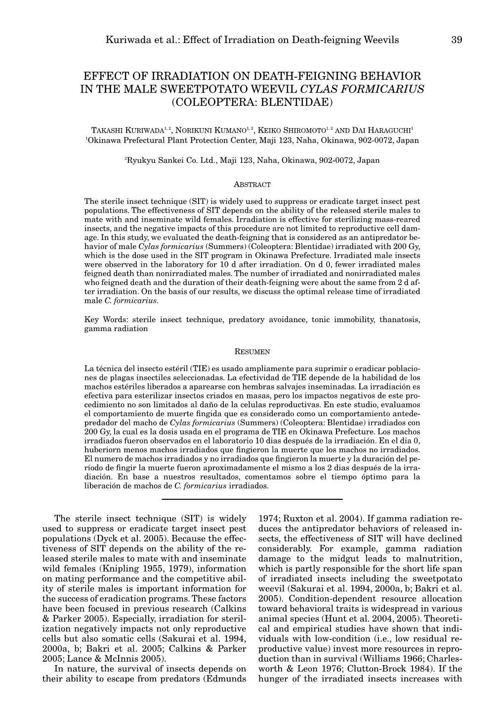 Effect of Irradiation on Death-Feigning Weevils 39