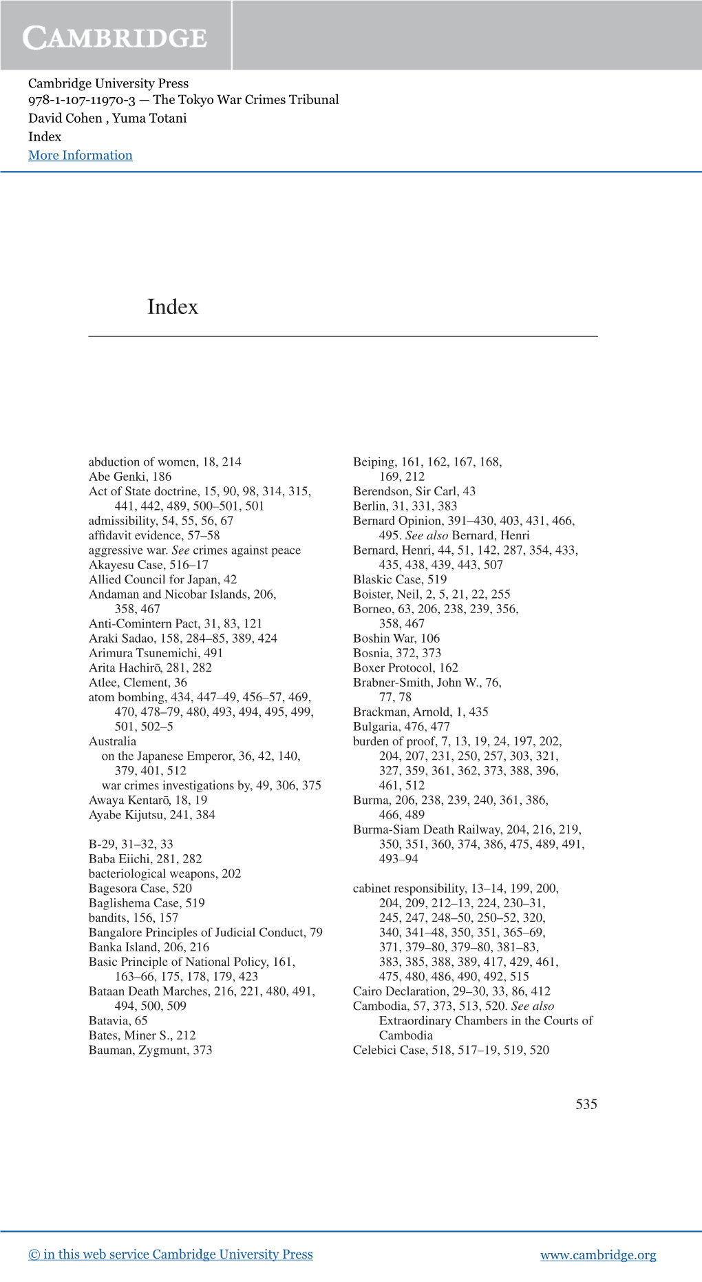 Cambridge University Press 978-1-107-11970-3 — the Tokyo War Crimes Tribunal David Cohen , Yuma Totani Index More Information