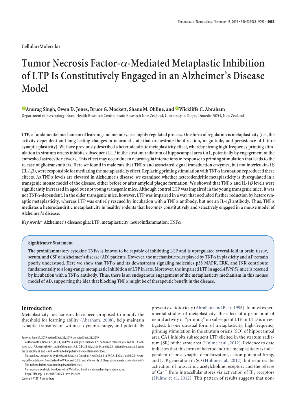 Tumor Necrosis Factor-␣-Mediated Metaplastic Inhibition of LTP Is Constitutively Engaged in an Alzheimer’S Disease Model