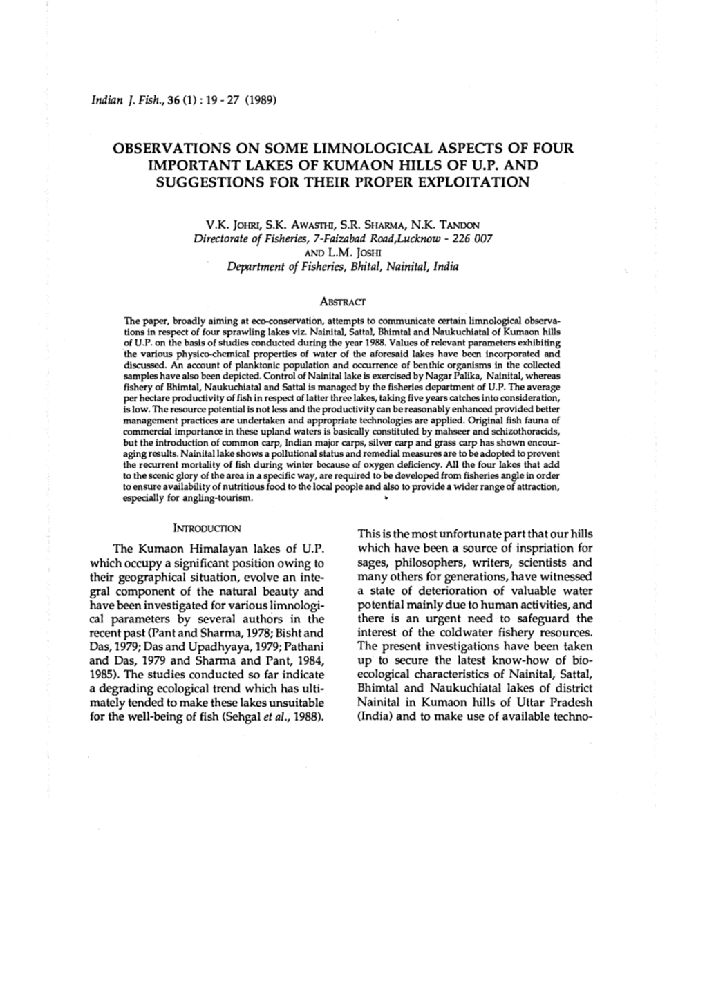 Observations on Some Limnological Aspects of Four Important Lakes of Kumaon Hills of U.P