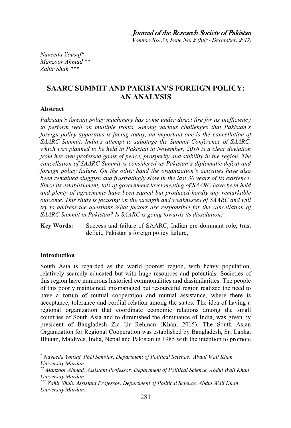 Saarc Summit and Pakistan's Foreign Policy: an Analysis