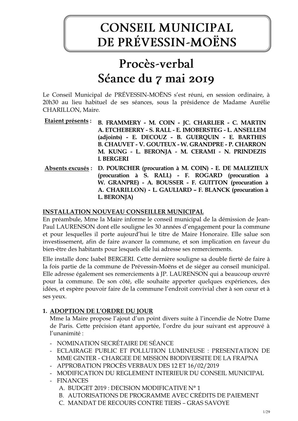 Le Conseil Municipal De PRÉVESSIN-MOËNS S'est Réuni, En