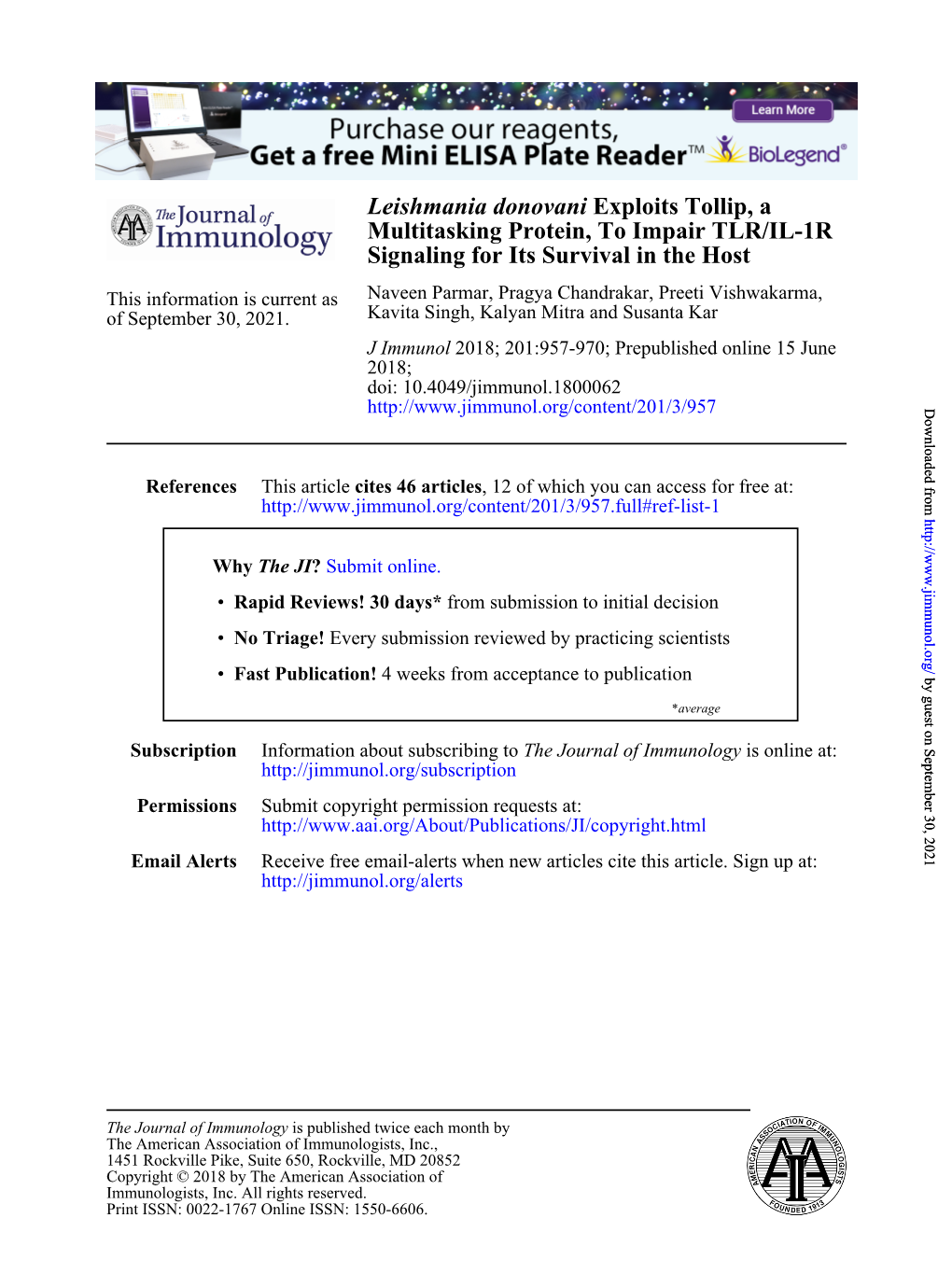 Leishmania Donovani Exploits Tollip, a Multitasking Protein, to Impair TLR/IL-1R Signaling for Its Survival in the Host