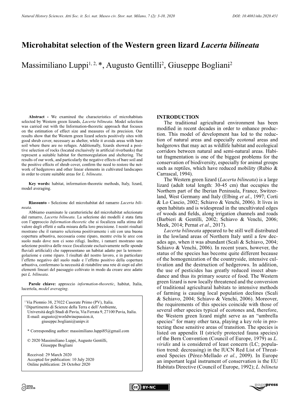 Microhabitat Selection of the Western Green Lizard Lacerta Bilineata Massimiliano Luppi1, 2, *, Augusto Gentilli2, Giuseppe Bogl